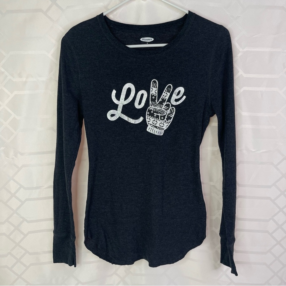 Old Navy Gray Waffle Thermal Love Peace Sign Graphic Top Medium